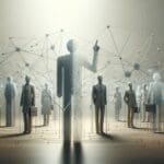 Representación tecnológica de identidad digital, con figuras humanas abstractas y redes de datos en un entorno corporativo moderno.