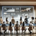 Equipo de jóvenes emprendedores colaborando frente a pantallas con gráficos digitales en un espacio de trabajo moderno.