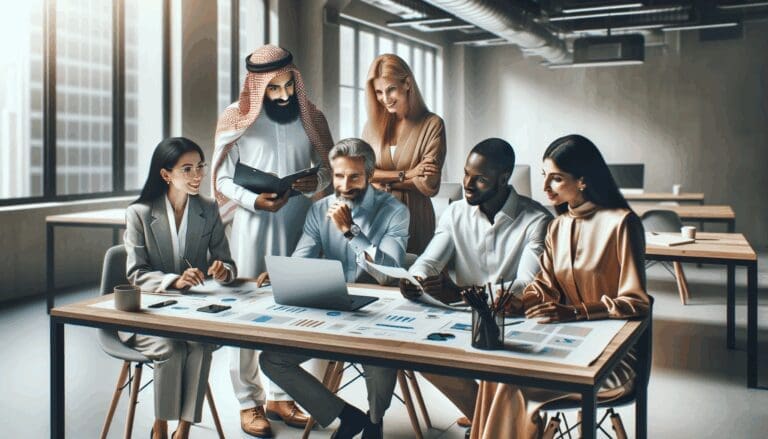 Emprendedores reunidos alrededor de una mesa en un espacio moderno, analizando soluciones tecnológicas.