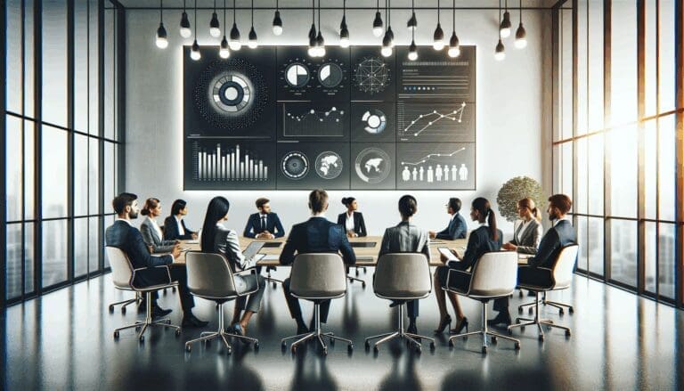 Emprendedores en una sala de reuniones moderna, discutiendo estrategias frente a pizarras digitales.