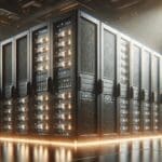 Primer plano de servidores de alta tecnología iluminados en centro de datos moderno.