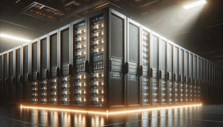 Primer plano de servidores de alta tecnología iluminados en centro de datos moderno.