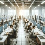 Oficina moderna con equipos de tecnología y emprendedores trabajando.