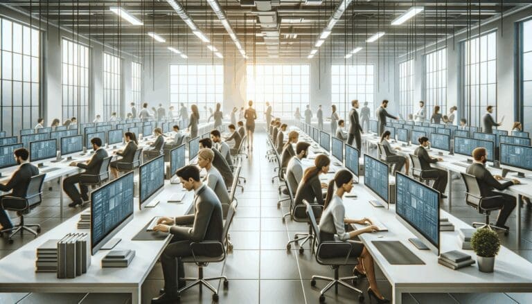 Oficina moderna con equipos de tecnología y emprendedores trabajando.