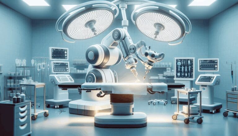 Fotografía de robot quirúrgico de alta tecnología operando en un moderno quirófano, rodeado de equipo médico.