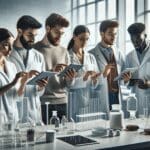 Equipo de científicos y tecnólogos colaborando en un laboratorio moderno con tabletas y frascos de muestras.