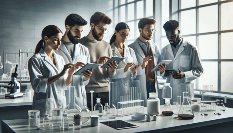 Equipo de científicos y tecnólogos colaborando en un laboratorio moderno con tabletas y frascos de muestras.
