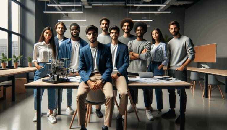 Equipo de jóvenes emprendedores reunidos en un espacio moderno de coworking con prototipo tecnológico sobre la mesa.