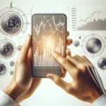 Primer plano de manos sosteniendo un smartphone con gráficos financieros y monedas digitales sobre fondo blanco.