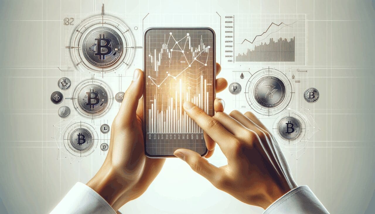 Primer plano de manos sosteniendo un smartphone con gráficos financieros y monedas digitales sobre fondo blanco.