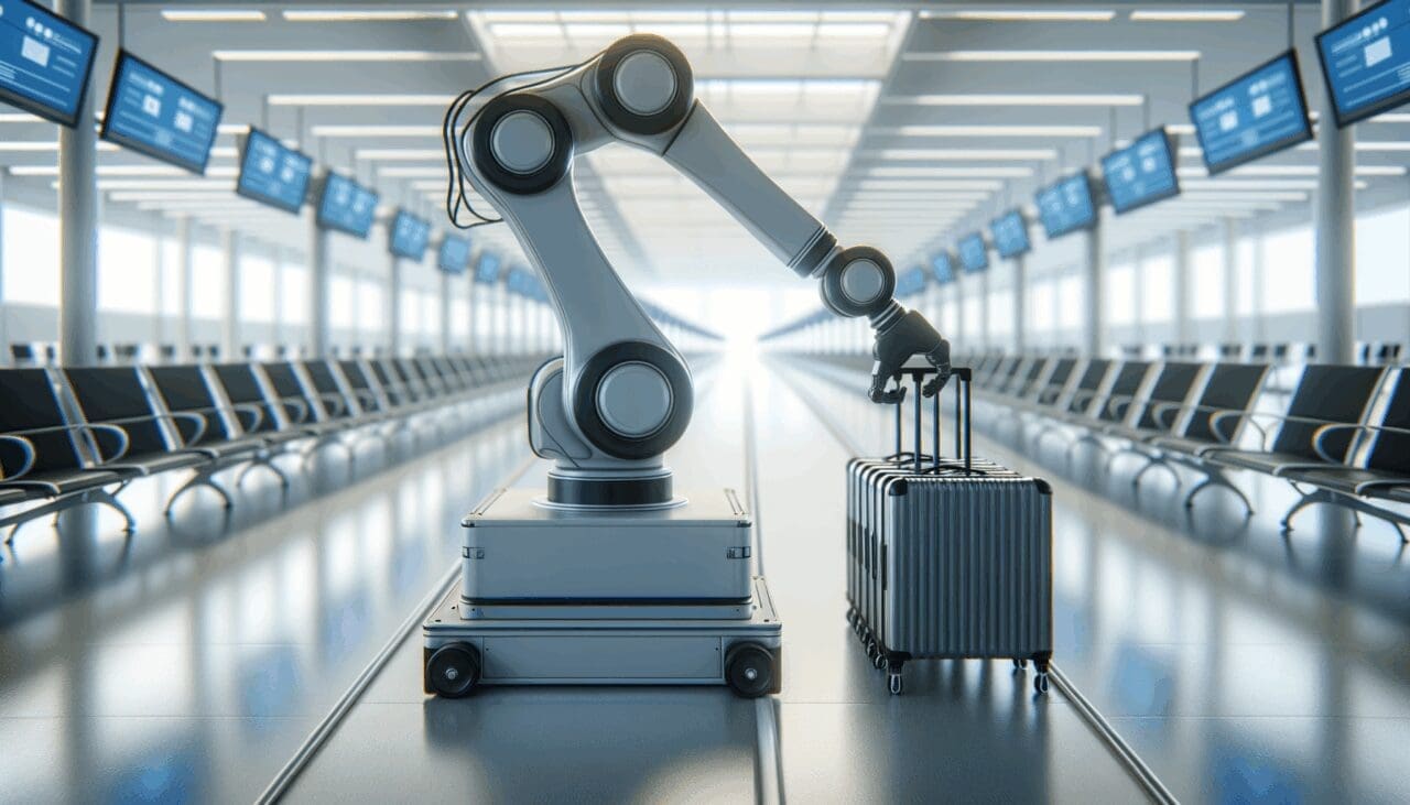 Primer plano de un brazo robótico transportando maletas en un aeropuerto moderno, fondos desenfocados.