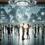 Personas interactuando en un auditorio moderno tecnológico, pantallas digitales de fondo y ambiente de networking global.