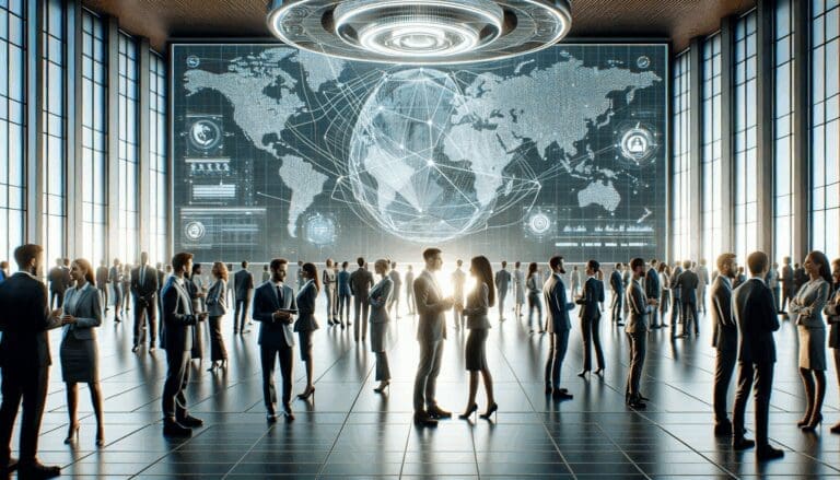Personas interactuando en un auditorio moderno tecnológico, pantallas digitales de fondo y ambiente de networking global.