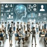 Personas reunidas en una oficina moderna, mostrando pantallas con elementos de inteligencia artificial y tecnología.
