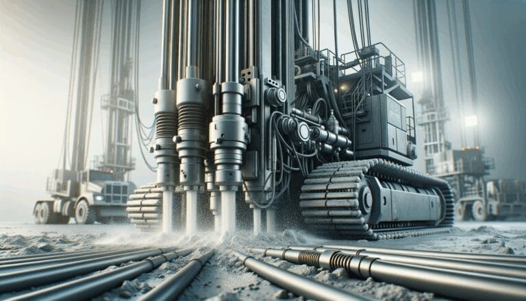Primer plano de maquinaria tecnológica perforando el suelo, líneas de agua a presión y fondo industrial neutro.
