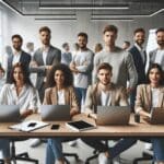 Grupo de jóvenes profesionales reunidos en una sala de trabajo moderna con laptops y pizarras digitales, reflejando innovación y tecnología.