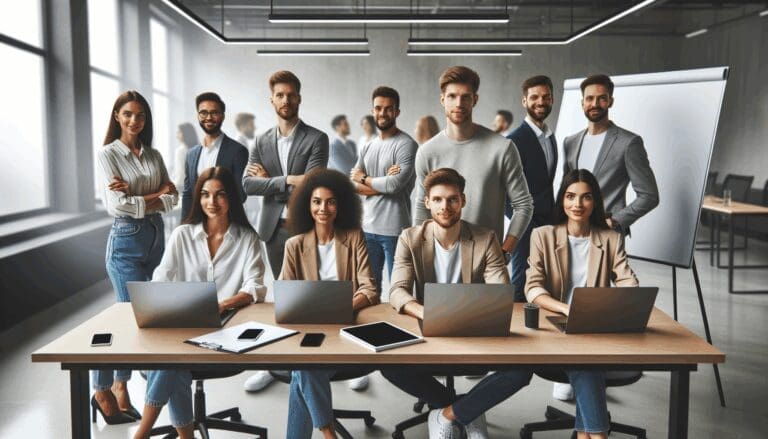 Grupo de jóvenes profesionales reunidos en una sala de trabajo moderna con laptops y pizarras digitales, reflejando innovación y tecnología.