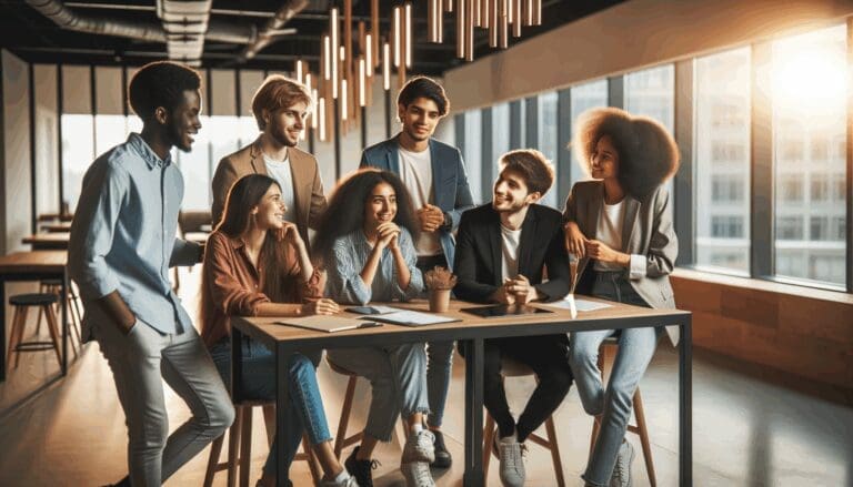 Jóvenes emprendedores colaborando en un espacio de coworking moderno