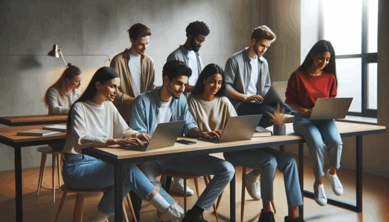 Grupo diverso de jóvenes colaborando en laptops en un espacio de coworking moderno.