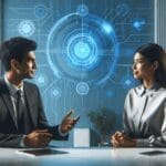 Dos empresarios conversando en una sala moderna, fondo con gráficos tecnológicos azules.