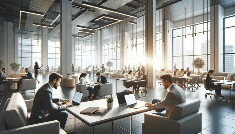 Espacio de coworking moderno con emprendedores trabajando en laptops, ambiente luminoso y colaborativo.