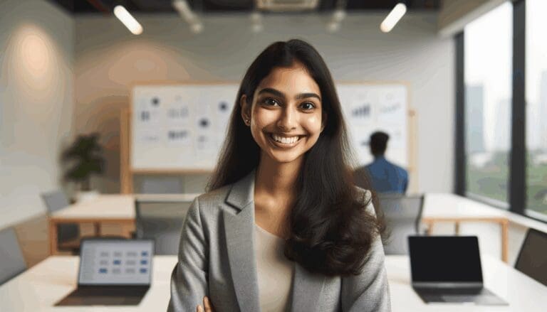 Retrato de una emprendedora sonriente en una sala de coworking moderna, con laptops y pizarras al fondo.