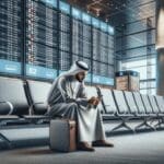 Persona usando un smartphone mientras espera en un aeropuerto moderno, con pantallas digitales de fondo.