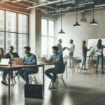 Espacio moderno de coworking con emprendedores colaborando en laptops y pizarras.