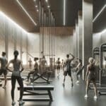 Gimnasio moderno con personas ejercitándose en equipos de alta tecnología.