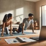 Dos personas ejercitándose en casa frente a una computadora portátil, entorno moderno y luminoso.
