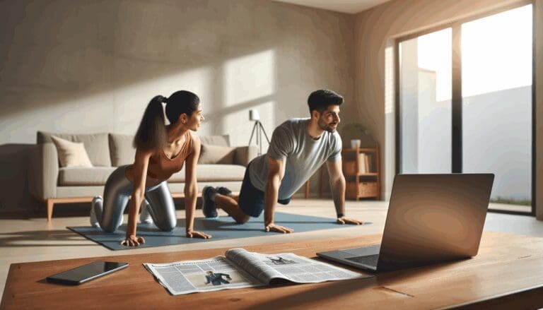 Dos personas ejercitándose en casa frente a una computadora portátil, entorno moderno y luminoso.
