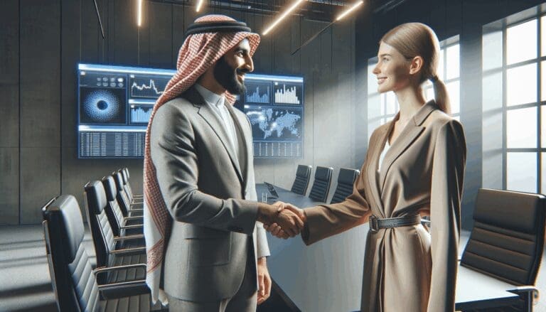 Dos empresarios dándose la mano en una sala de juntas moderna, con pantallas de datos en el fondo.