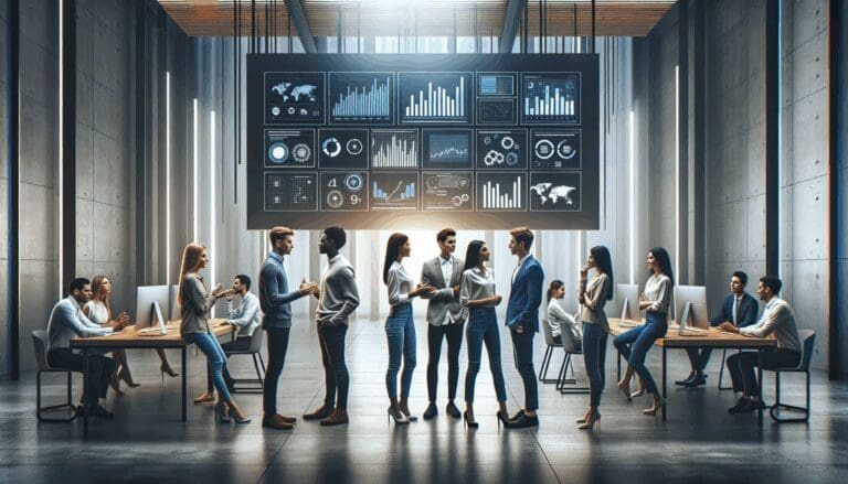 Grupo de jóvenes emprendedores conversando frente a pantallas con gráficos digitales y ambiente tecnológico.