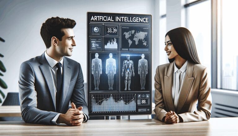 Dos empresarios conversando frente a una pantalla con gráficos digitales y temas de inteligencia artificial.