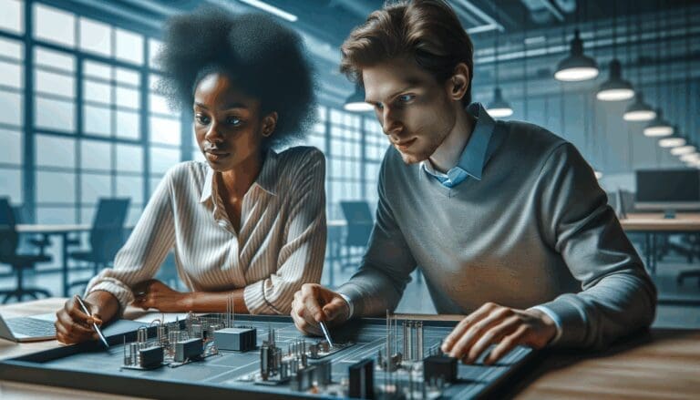 Dos jóvenes desarrolladores analizando prototipos tecnológicos en un entorno moderno y luminoso.