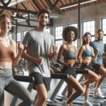 Personas diversas ejercitándose en un gimnasio moderno y bien iluminado, ambiente accesible e inclusivo.