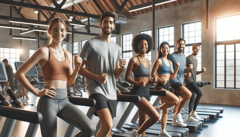 Personas diversas ejercitándose en un gimnasio moderno y bien iluminado, ambiente accesible e inclusivo.