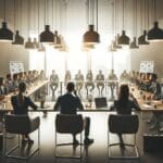 Sala de reuniones con emprendedores discutiendo estrategias tecnológicas.