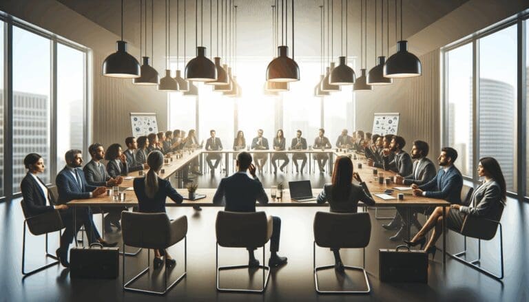Sala de reuniones con emprendedores discutiendo estrategias tecnológicas.