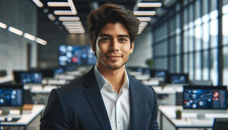 Retrato profesional de un joven líder latinoamericano en oficina moderna con ambiente tecnológico.