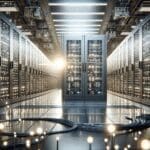 Primer plano de un centro de datos con luces y cables, enfoque tecnológico y moderno.