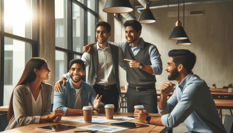 Emprendedores latinoamericanos colaborando en un moderno espacio de coworking.