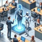Ilustración conceptual de una inteligencia artificial interactuando con empleados gubernamentales en una oficina moderna.