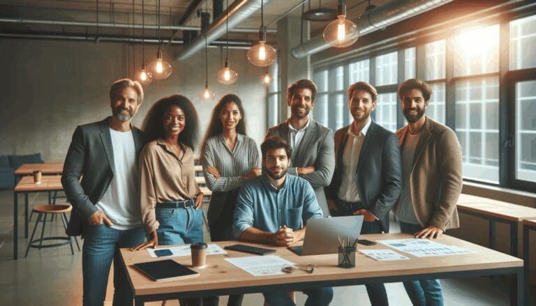 Emprendedores colaborando en un espacio de coworking moderno.