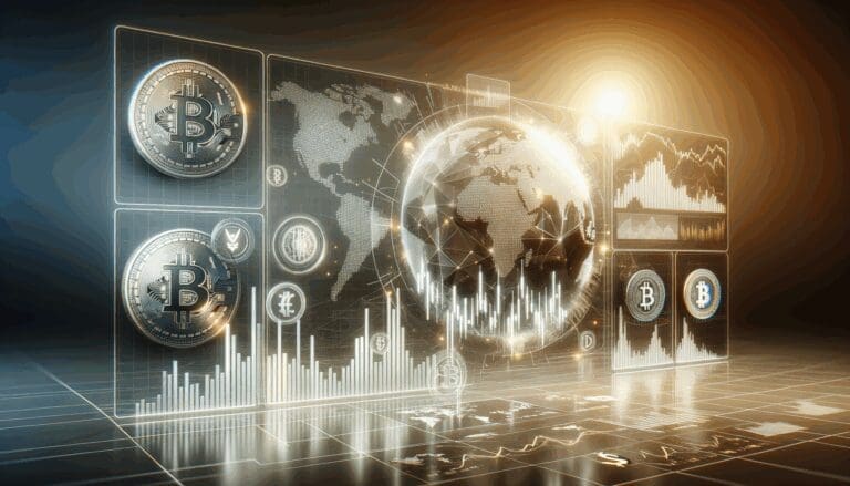 Gráfico digital representando criptomonedas y gráficos financieros en un ambiente tecnológico moderno.