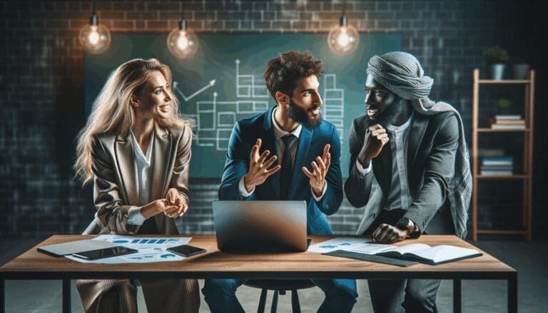 Tres emprendedores debatiendo en una sala moderna con fondo de pizarras y laptops.