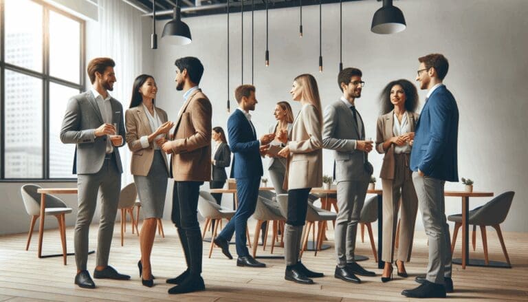 Emprendedores interactuando en un evento de networking en un moderno espacio coworking