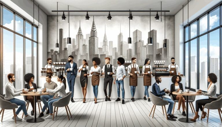 Baristas sirviendo café en una cafetería moderna con ambiente urbano y clientes jóvenes.