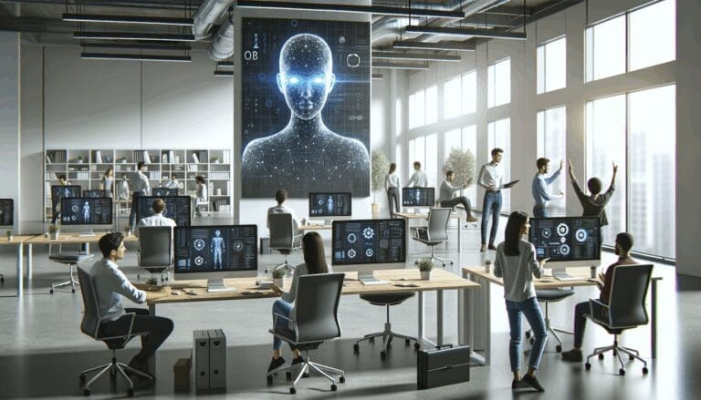 Oficina moderna de una startup tecnológica, computadores con pantallas de inteligencia artificial y personas colaborando en un espacio abierto.