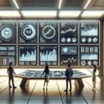 Paneles de control futuristas en una sala de energía, con pantallas mostrando gráficos de datos financieros y personas revisando información.